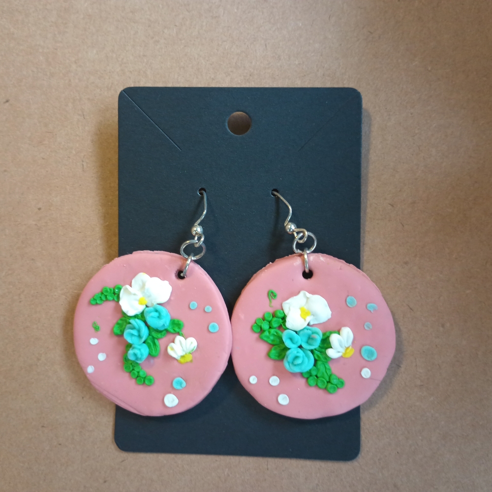 Hand Made Polymer Clay Earrings with Floral Design NWOT